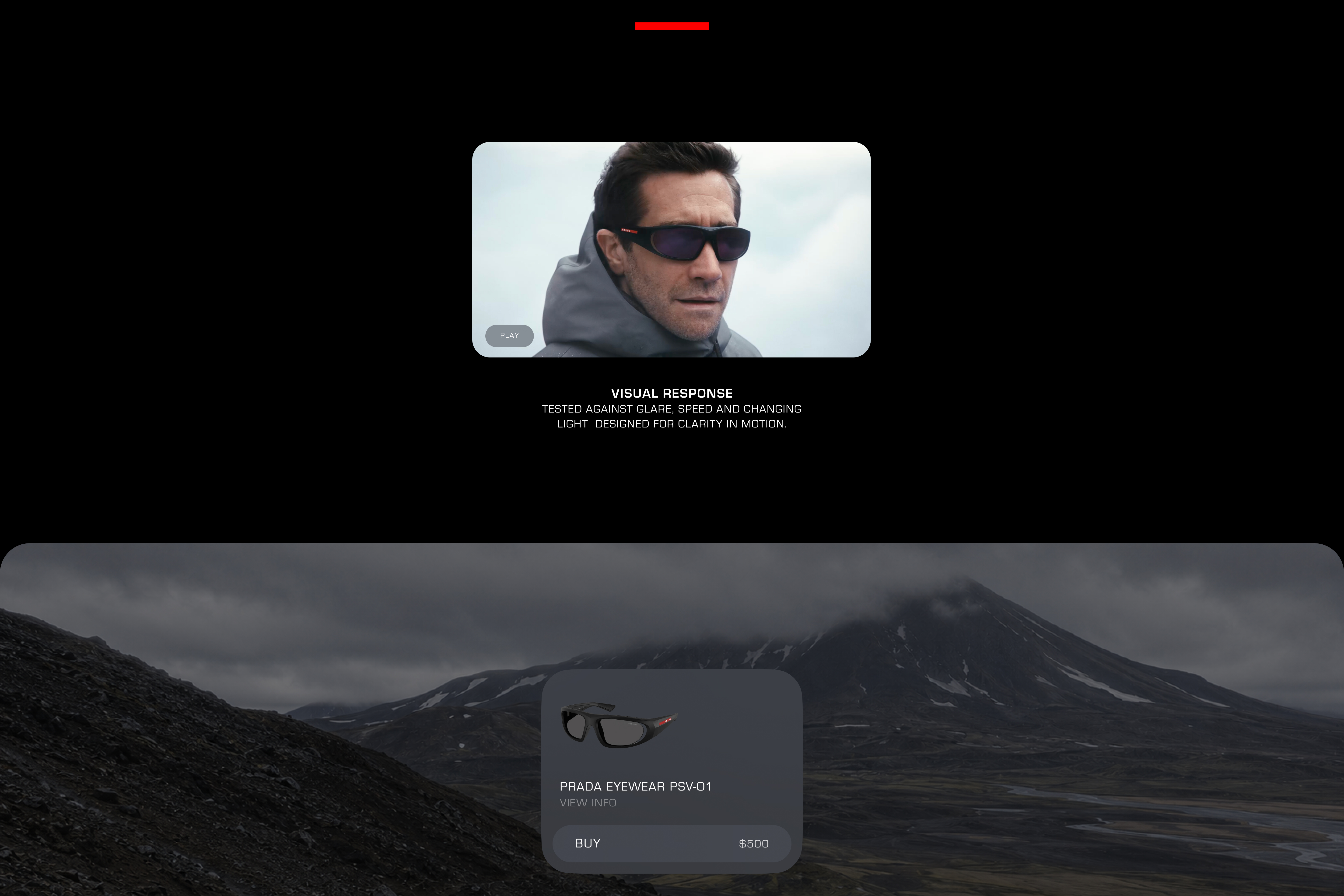 Prada eyewear product page concept showing a visual response video and volcanic landscape