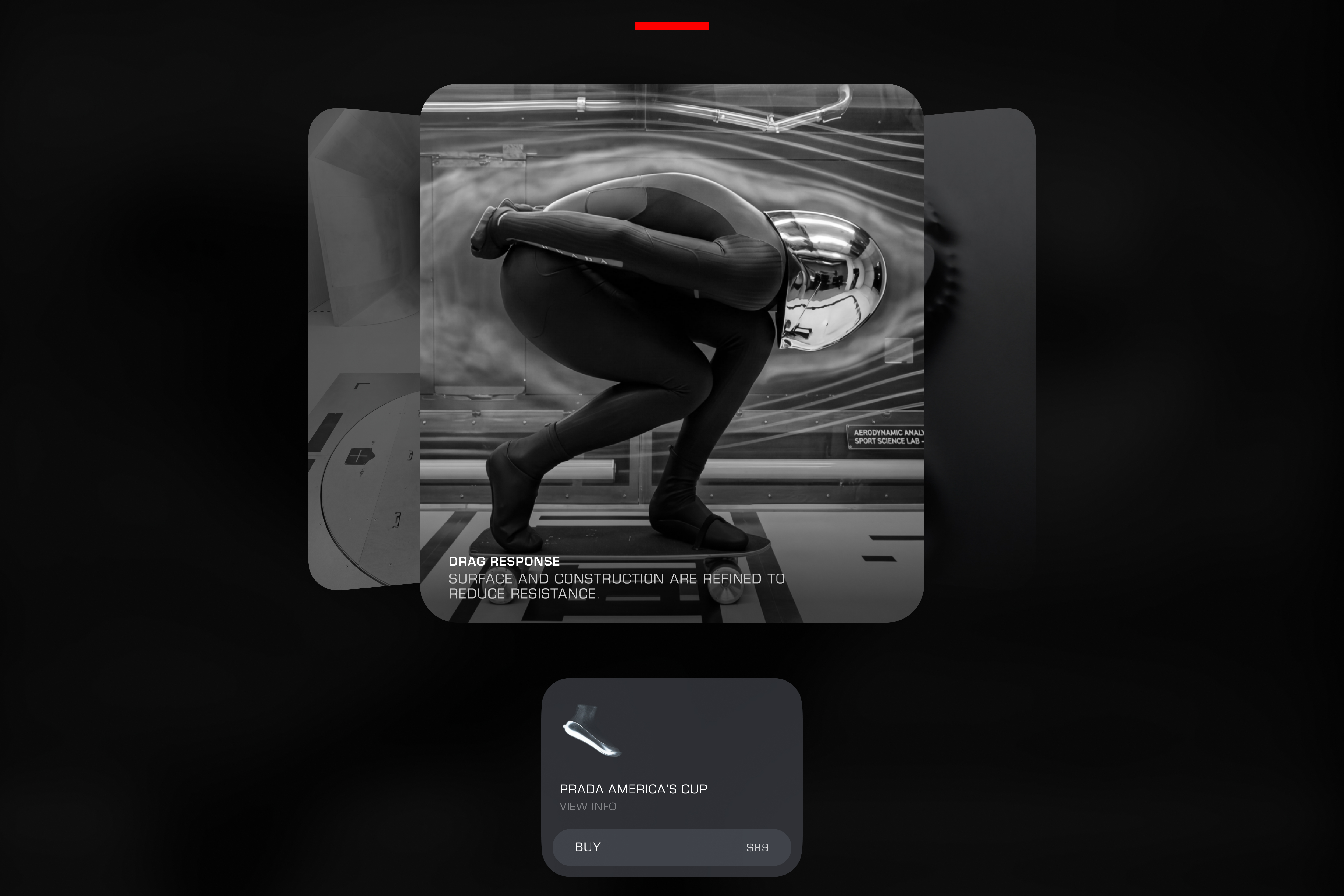 Prada performance footwear product page concept showing aerodynamic testing